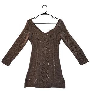 Studio Y2K Style Sequin Tan Pullover V-Neck Sweater Size M